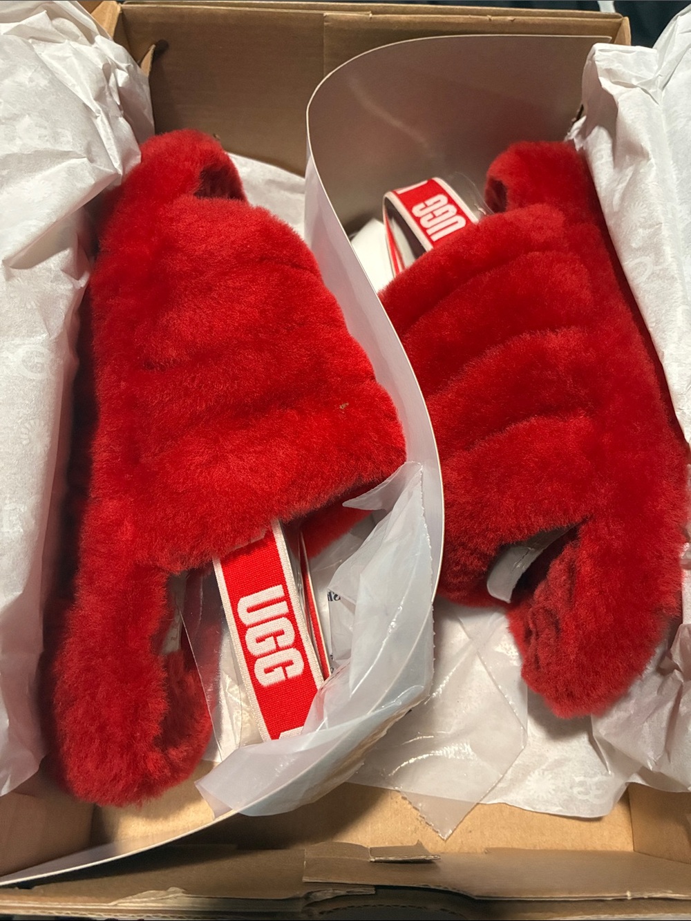 UGG Red Plush Slide with Branded Strap